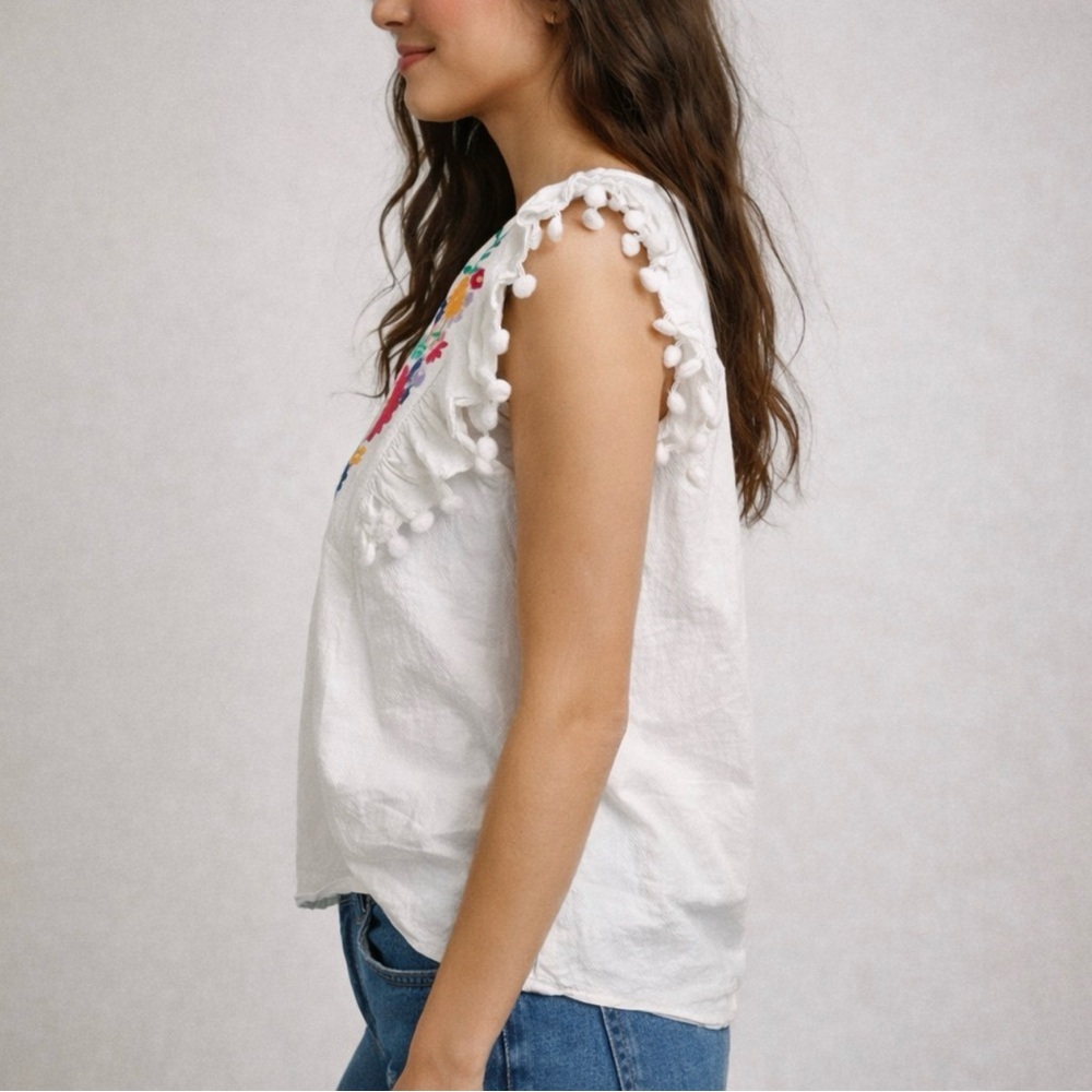 Boho Floral Embroidery Top Pom Pom Details - Picture 3 of 7